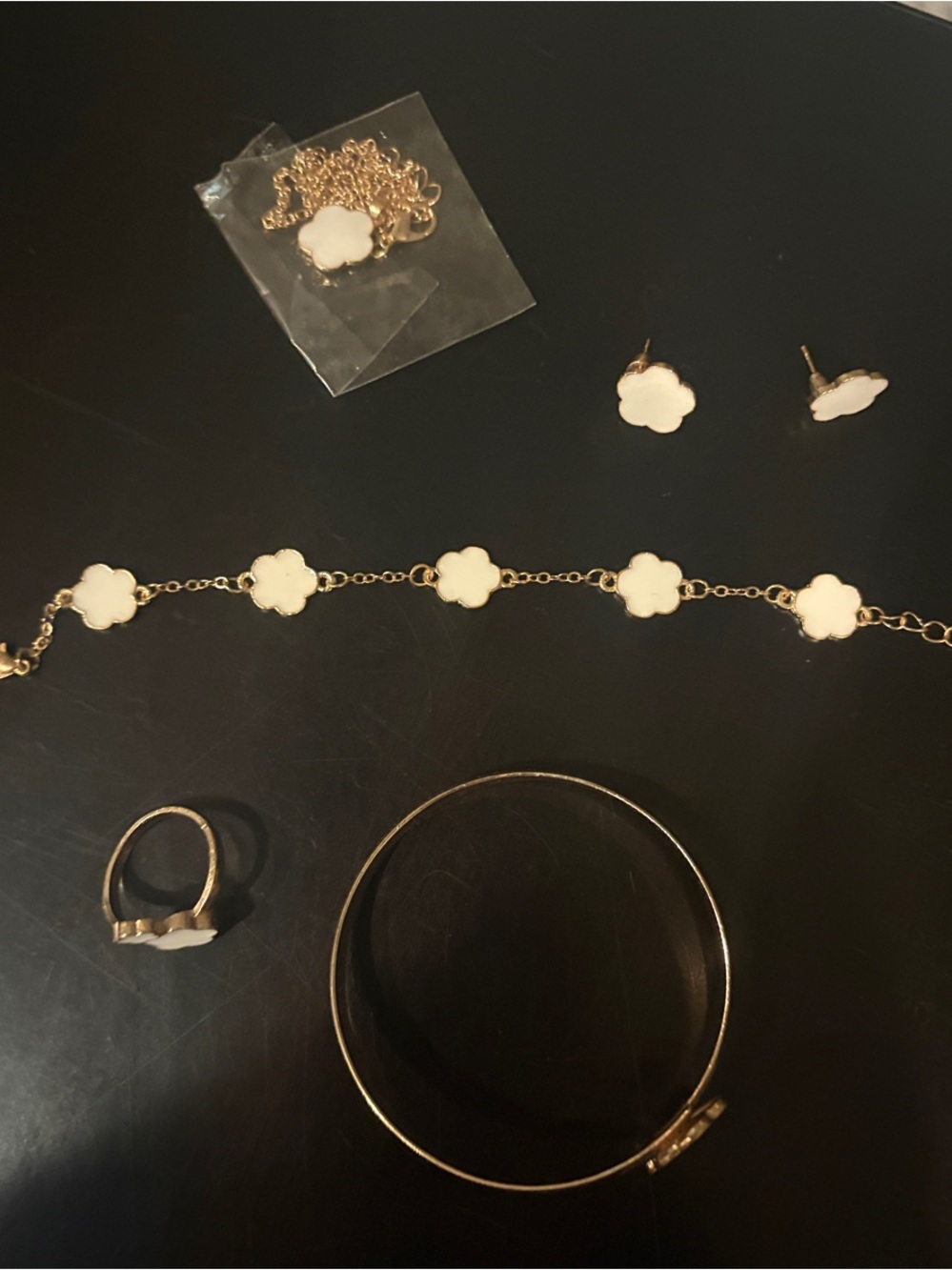 Gold-Tone White Clover Jewelry Set - Necklace, Bracelet, Earrings, Ring, Bangle